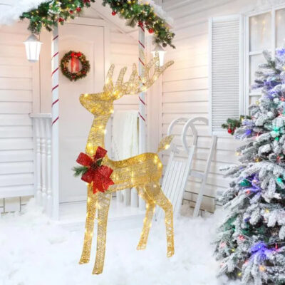 Lighted Christmas Reindeer Outdoor Decorations, Weather Proof 4ft Santa's Sleigh Reindeer Christmas Ornament Indoor Home Decor Pre-lit 90 LED Lights With Stakes, Zip Ties Secured