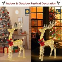 Lighted Christmas Reindeer Outdoor Decorations, Weather Proof 4ft Santa's Sleigh Reindeer Christmas Ornament Indoor Home Decor Pre-lit 90 LED Lights With Stakes, Zip Ties Secured