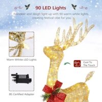 Lighted Christmas Reindeer Outdoor Decorations, Weather Proof 4ft Santa's Sleigh Reindeer Christmas Ornament Indoor Home Decor Pre-lit 90 LED Lights With Stakes, Zip Ties Secured