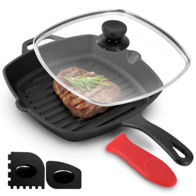 MegaChef 10.4 Inch Pre-Seasoned Cast Iron Griddle with Tempered Glass Lid