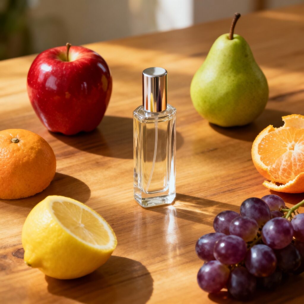 fruit and a bottle of perfume